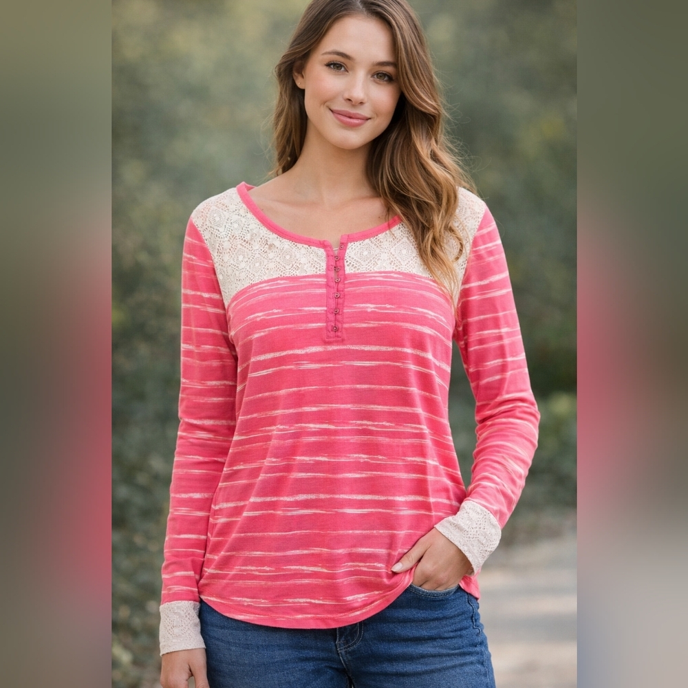 Arizona Jean Company Pink and White Striped Lace Long Sleeve Tee